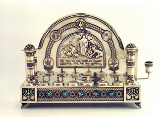 filigree Hanukah menora Bezalel style Yehia Yemini 1928